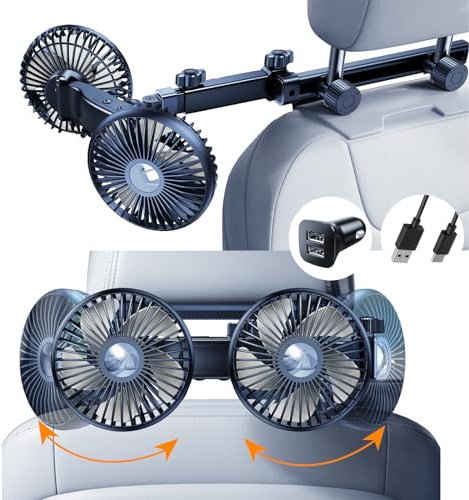 Nauttxon USB Ventilator Auto für Rücksitz mit Ausziehbarem Langen Arm [ inkl.Ladegerät ], 360° Drehbarer Kopfstützen Ventilator mit 3 Stufen Einzelsteuerung für SUV Wohnmobile (USB & Langarm)