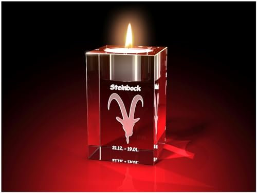 GLASFOTO.COM, Sternzeichen Steinbock - Teelichthalter (50 x 80 x 50), Kristallglas Innengravur in Premiumqualität