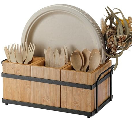 PTSTING Silverware Caddy Wood Silverware Holder Paper Plate Dispenser Silverware Utensil Caddy Cutlery Flatware Organizer Box for Spoons Forks Plates Napkins
