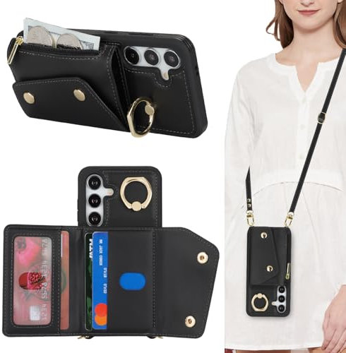 Lipvina Hülle für Samsung Galaxy S24 Hülle mit Band Kartenhalter handyhülle Hülle für Samsung Galaxy S24 mit Reißverschluss Band Ring Ständer Case für Frauen - Schwarz