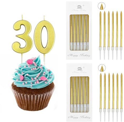 Ronoza Geburtstagskerzen Zahlen 30, Kerzen Geburtstag, Geburtstagskerze Gold, Geburtstagskerzen für Torte, Kerze 30, Kerzen Zahlen mit 12 Stück Dünne Lange Gold Geburtstagskerze