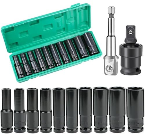 1/2 inch Deep Impact Socket Set, 11pcs 1/2 Drive Deep Sockets,8/10/13/14 /15/17/19/21/24mm Metric Long Reach Sockets with 1/4 Hex Shank Adpater & 1/2 Impact Universal Joint Remove Nuts Bolts