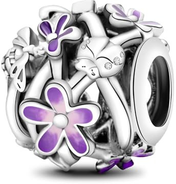 Sterling Silber S925 Lilafarbenes Gänseblümchen Charms & Beads für Damen,Family,Blume Glühwürmchen Schildkröte Moments Charm Anhänger für Armbänder,Sicherheitskette,Geschenk für Frauen Geburtstag