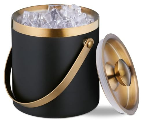 Breeshy Eiskübel, Edelstahl, Doppelwandig, Eiskübel mit Deckel &, 2 L, Eiswürfelbehälter Schwarz & Gold