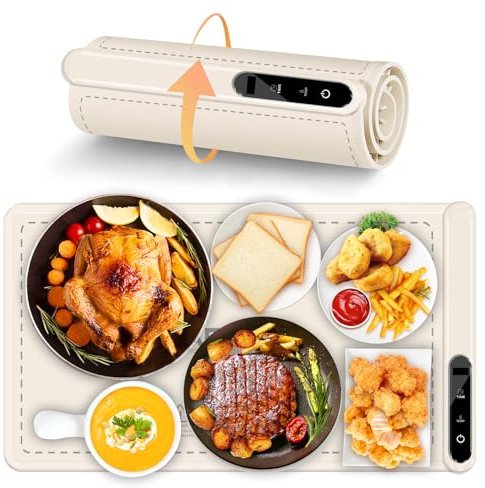 Cadyaw Electric Food Warmer Mat: 7 Temperature Adjustable - Silicone Food Warming Tray for Gatherings - Heating Hot Plate for Party Buffet - Cream