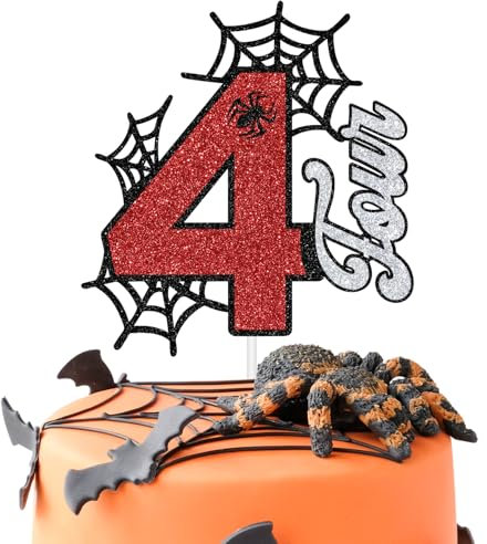 Spider 4th Birthday Cake Topper, Four Years Old Cake Decor, Hello 4/Cheers to 4 Years, Happy 4th Birthday Anniversary Party Decoration Supplies for kids