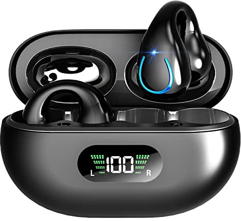 EUQQ Cuffie Bluetooth 5.3 Open Ear,Auricolari Bluetooth Impermeabili con Mic, 36 Ore Auricolare Bluetooth a Clip LED Display USB-C,Cuffie per Sport IP6