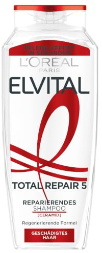 L'Oréal Paris Elvital Reparierendes Shampoo gegen 5 Probleme geschädigter Haare, Mit Cicamide und Pro-Keratin, Total Repair 5, 6 x 300 ml