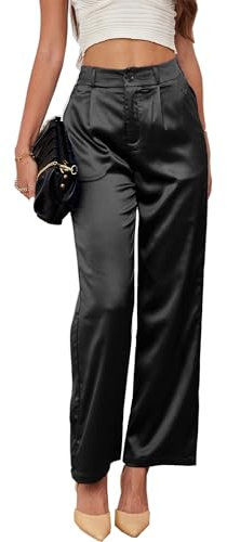 Fakanhui Hose mit weitem Bein für Damen, Arbeit, Party, Hochzeit, Freizeit, Satin, Ausgehen, Hose, Schwarz, X-Groß