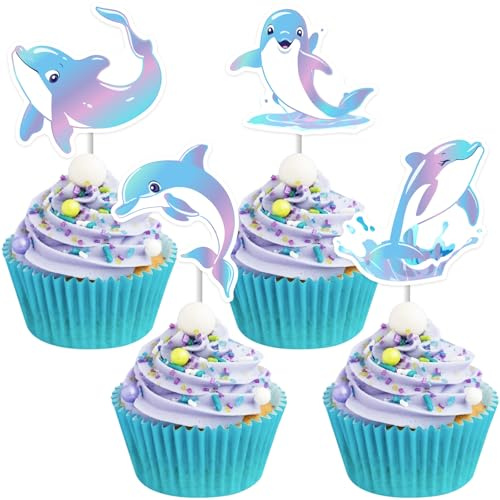 JOYMEMO 36 Stück Dolphin Theme Cupcake Toppers Pink Blue Purple, Kuchendekorationen Geburtstag unter dem Meer für Jungen und Mädchen, doppelseitig für Delfine und Meerestiere
