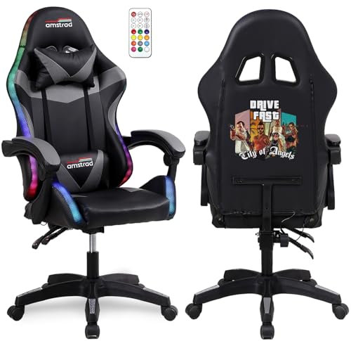 Amstrad AMS-900-LED-DRIVE - Fauteuil Gaming Noir et Gris - Serigraphie Drive - Eclairage LED 366 Effets - Télécommande