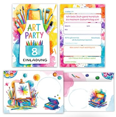 Junaversum 12 Einladungskarten inkl. 12 Umschläge zum 8. Kindergeburtstag Mädchen Jungen Art Kreativ-Party Malparty Kunst Basteln DIY Künstlerparty Kinder Einladungen achte Geburtstag Kids