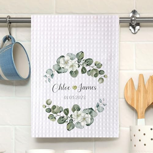 Paño de cocina personalizado a medida con nombre personalizado, corona floral, boda, aniversario, tela de eucalipto, secado de platos, horneado a mano, cocina, diseño único, delantal de cumpleaños