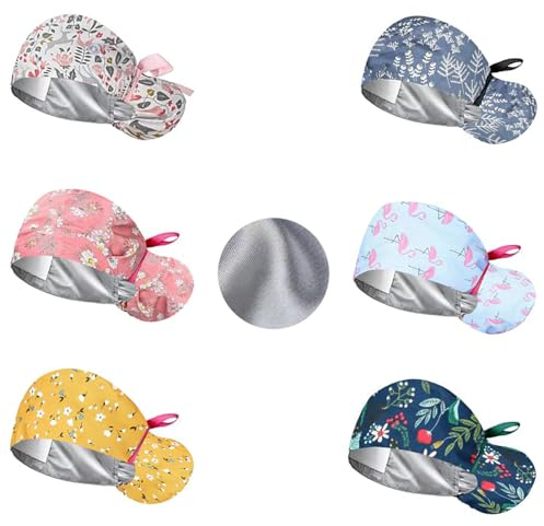 6PCS OP Hauben Damen mit Satinfutter, Verstellbar OP Haube Stoff mit Knopf | Pferdeschwanz Schrubben Kappe mit Baumwolle Schweißband, Arbeitskappe, Baumwolldruck Chirurgische, Satin Haarhaube Kochmütze