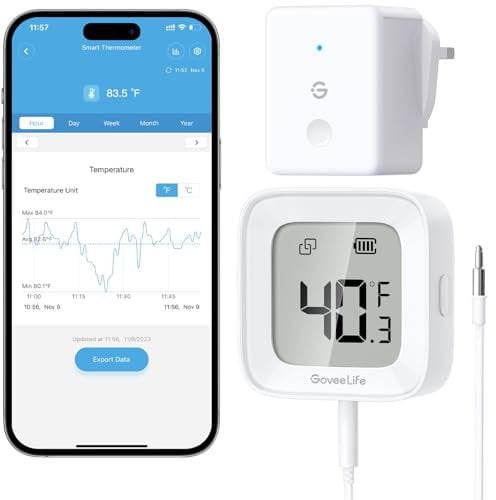 GoveeLife WiFi Fridge Thermometer with Custom Alarms – Wireless Digital Freezer Temperature Gauge with App Control, 2-Year Free Data Export for Refrigerators, LCD Display, for Fridge Hot Tub