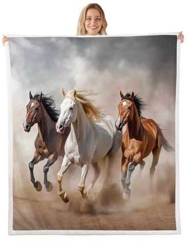 Homemissing Galoppierendes Pferd Decke 150x200cm Pferd Muster Wohndecke Set Nette Tier Dekor Kuscheldecke Set Kawaii Farm Cowboy Weich Flanell Fleecedecke Atmungsaktiv