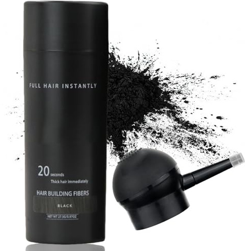Hair Fibres, Hair Building Fibres for Thinning Hair in Black (27.5g) with Applicator for Thicker-Looking Hairline & Instant Volume - Naturally Conceals Bald Spots for Men & Women