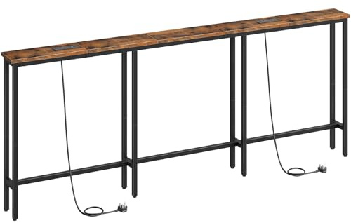 HOOBRO 200 cm Slim Console Table with 2 Charging Stations, Narrow Behind Sofa Table, Long Hallway Table with Adjustable Feet, for Hallway, Living Room, Rustic Brown and Black EBF252KXG01