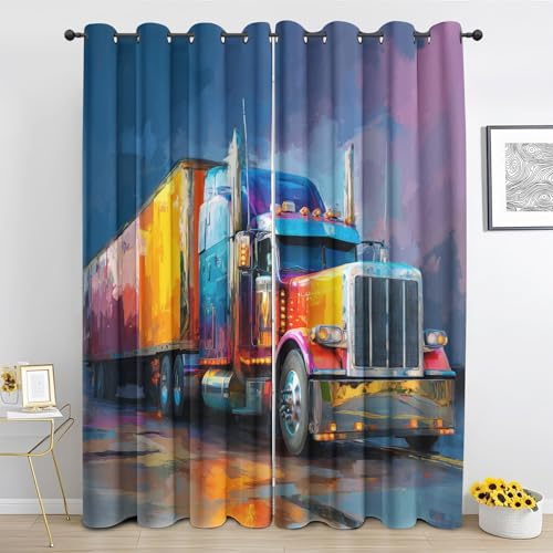 Generisch Baufahrzeug Vorhang Verdunkelung Aquarell LKW Blickdichte Vorhänge, Gardinen Mit ösen Schlafzimmer Wohnzimmer Thermovorhang Kälteschutz H 245 x B 140 cm 2er Set
