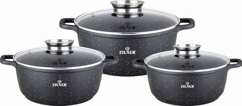 ZILNER Topfset 6-teilig, Marmorbeschichtung, Glasdeckel, alle Herdarten, Schwarz