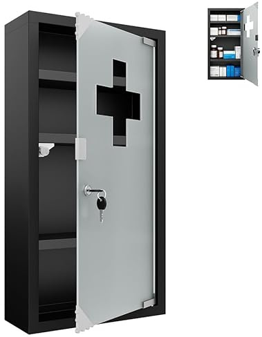 AufuN Medizinschrank aus Edelstahl 4 Fächer Abschließbarer Arzneischrank | Medikamentenschrank Hausapotheke mit Glas Tür und Schloss, Erste Hilfe Schrank für zu Hause, Schwarz, 30x12x57.5cm
