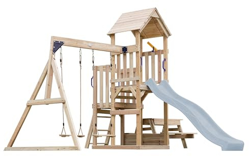 AXI Mette Casetta in Legno Bimbi 2 Altalene, Tavolo da Picnic, Scivolo Azzurro pastello | Area Giochi All'Aperto con Altalene/Sabbiera/Scivolo Telescopico | Casa da Gioco all'Aperto in Legno