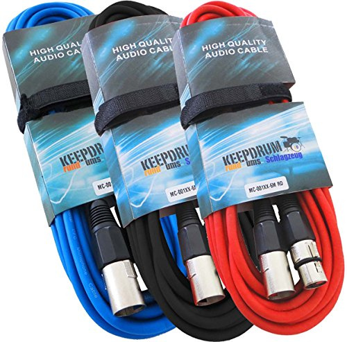 keepdrum 3x Mikrofonkabel MC-001XX 6m M/F je 1x Blau/Rot/Schwarz