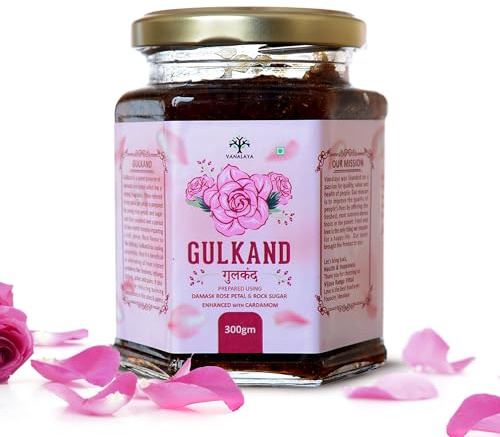 VANALAYA Natural Gulkand Rose Petal Jam - Traditional Ayurvedic Sun-Cooked Damask Rose with Cardamom - Natural Rose Gulkand 300g