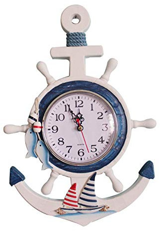 YOAI Orologio da parete in legno stile mediterraneo ancora orologio spiaggia mare tema nautico timone timone volante decorazione da appendere alla parete decorazione