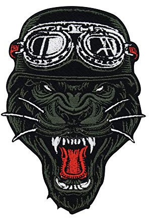 Finally Home Schwarzer Biker Panther Patch zum Aufbügeln | Motorrad Kutten Patches für Lederwesten, Tier mit Helm Bügelflicken, Weste Flicken, Motorcycle Aufnäher für Männer