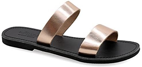 Emmanuela sandali in pelle piatta a mano greco, stivali da scivolo di alta qualità scarpe estive per donna, cinghia sandali diapositive, sandali boho chic, Oro rosa, 41 EU