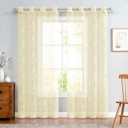 TOPICK Spitzen Gardinen Transparent H 245 x B 150 (cm) 2er Set Lace Vorhänge Schal Rose Gardine mit Ösen Durchsichtig Vorhang für Wohnzimmer Esszimmer Schlafzimmer Beige