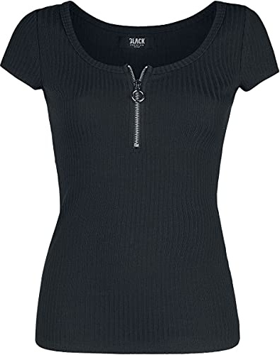 Black Premium by EMP Damen schwarzes T-Shirt aus feinem RIPP-Stoff mit Rundhalsausschnitt und Reißverschluss-Detail