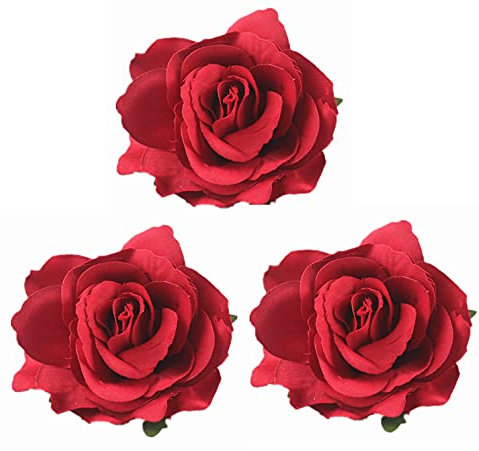 Große Vintage Boho Rose Blume Haarspangen / Broschen Frauen Mädchen Haarschmuck Burlesque Carmen Flamenco Tänzerin Pin Up Dekoration Blume Künstliche Rockabilly Stirnband Haarband (Rot (3 Stück))