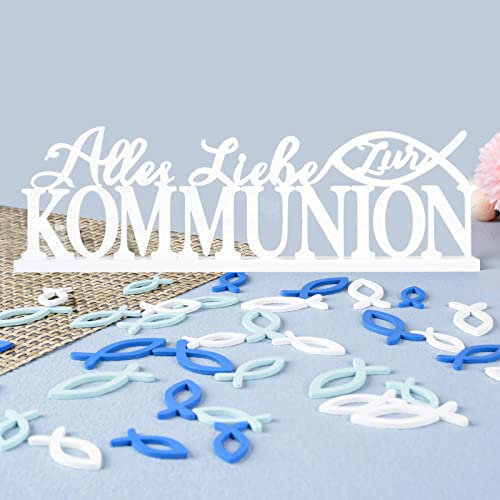 BHGT (37 Stk) Kommunion Holzdeko 1 Stk Aufsteller Alles Liebe zur Kommunion 36 Stk Streudeko Fische Tischdeko für Kommunion Taufe Konfirmation (Bunt-C)