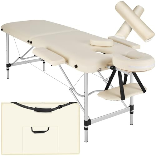 tectake 801044 Massageliege klappbar und höhenverstellbar, Aluminium Massagetisch mit 2 Zonen, Kopf- und Armstütze, Mobile Massagebank inkl. Tasche, Voll- und Halbrolle (Beige | Nr. 404601)
