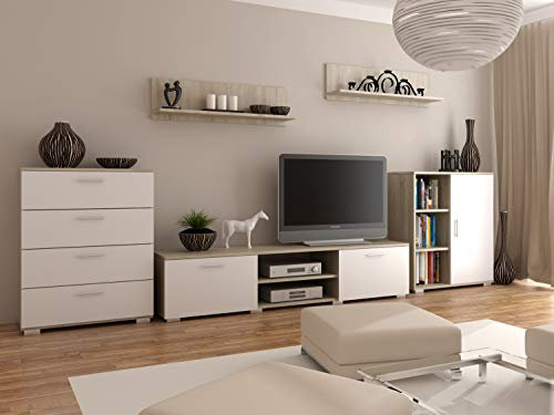 MATKAM Wohnwand Chopin 2, 5-teilig, laminierte 18 mm, Schubladenschrank H100 x B80 x T40 cm, Fernsehschrank H35xB150xT40cm, Kommode mit Tür H100xB80xT30cm, 2X Hängeregale (Sonoma Eiche-Weiß)