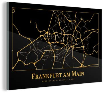 MuchoWow Glasbild Glasfoto Wandbild Bilder Deko 120x80 cm Karte - Frankfurt - Gold - Schwarz
