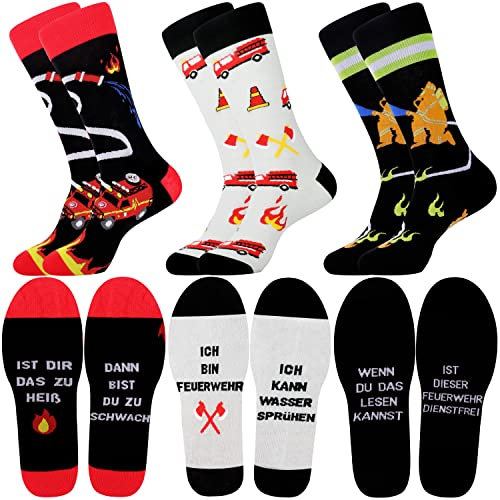 Jeasona 3 Paare Feuerwehr Socken Herren 43-46 Feuerwehr Geschenke für Männer Lustig Fuerwehr Zubehör Geburtstag