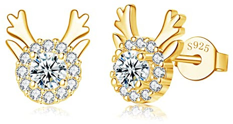 Loutade Silber Weihnachten Ohrringe Damen, 925 Sterling Silber Weihnachts Ohrstecker, Gold Elch Weihnachts Ohrstecker mit Zirkonia, 8mm Süße Silber Knorpel Schlafen Ohrringe Srecker zum Weihnachten