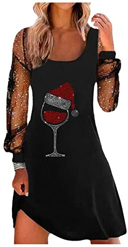 Weihnachtskleid Damen Rot Weinglas Strass Motiv Partykleid Elegantes Mesh Nähten Minikleid Rundhals langärmliges A-Linien Kleid Tunika Wickelkleid Weihnachten Blusenkleid Festkleid Ballkleid