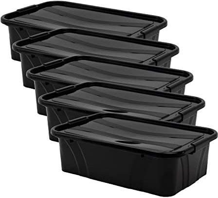 Aufbewahrungsbox + Deckel 5er Set versch. Größen Transportbox schwarz | Lebensmittelbox lebensmittelgeeignet Kunststoffbehälter Lagerbox stapelbar Wäschebox (L38,5 x B24,5 x H11,1cm, 7 l)