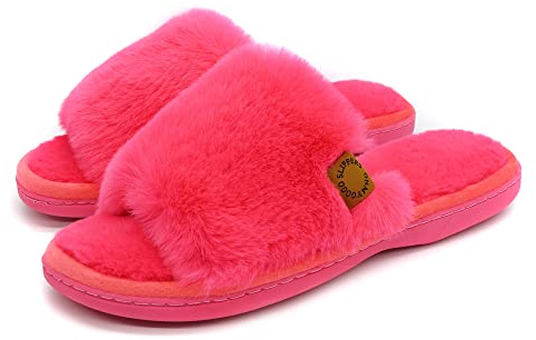 Onmygogo Furry Indoor Slippers for Women Open Toe with Memory Foam, Soft Faux Fur Nonslip House Slippers(Rose,M)