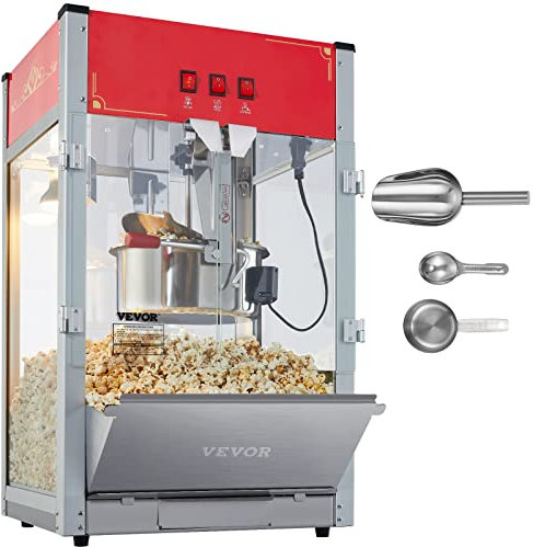 VEVOR Máquina para Hacer Palomitas de Maíz de Encimera, 1440 W, 12 oz, 80 Tazas por Lote, con Vidrio Templado, 3 Palas de Acero Inoxidable, Estilo Cine, Fácil de Limpiar, Rojo, 458 x 380 x 768 mm