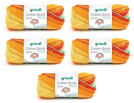 Gründl Wolle Cotton Quick Batik - dünne Wolle zum Häkeln mit Farbverlauf - Strickgarn - Glänzend und hautfreundlich - 100% Baumwolle - 5 Knäuel 100 g / 260 m - Nadelstärke 3-4 - Blau-grün-orange
