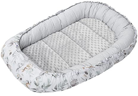 Medi Partners Babynest Nestchen für Neugeborene - 100x60x15 Babynestchen Baby zweiseitg Nest Bett 100% Baumwolle Minky Kuschelnest tragbar (Hirsch in Blättern mit Grau Minky)