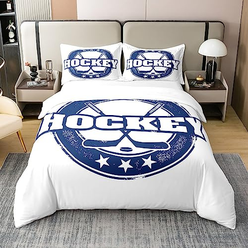 richhome Eishockey 100% Natur Baumwolle Bettbezug 135x200,Sport Wettkampf Spiel Bettwäsche Set, Blaue Sterne Brief Gedruckt Tröster Abdeckung