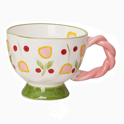 400ml / 14oz Cerámica Pintada A Mano Relieves Taza De Desayuno Mack Taza De Avena De Gran Capacidad Taza De Leche Creativa Encantadora Taza De Café Macarron (tulipán verde)