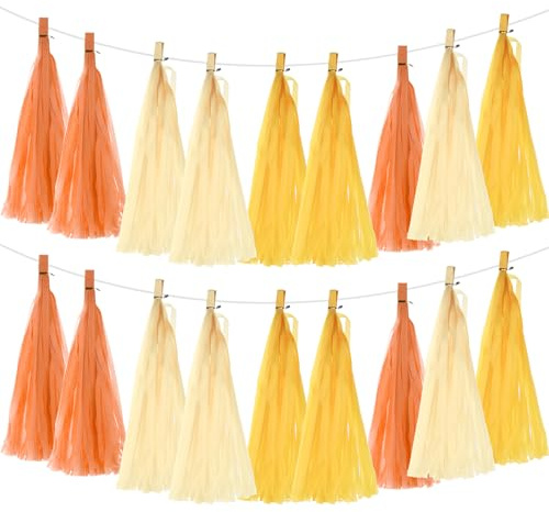 sourcing map 30Stk Hell Gelb Creme Orange Quaste Girlande Banner | Fahnenbanner mit Seil Seidenpapier Quasten Party Quasten Bastel Set für Hochzeit Geburtstag Party Deko