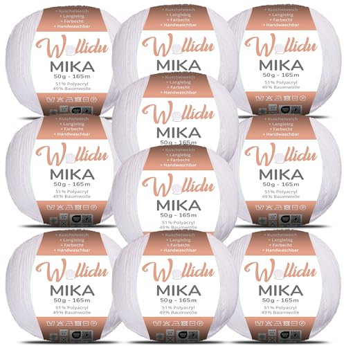 Wollidu Mika 51% Polyacryl 49% Baumwolle zum Häkeln und Stricken 10x 50g/165m Oeko-Tex Strickgarn Häkelgarn - Weiß